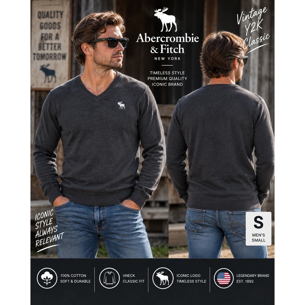 VTG Y2K Abercrombie & Fitch Men S Gray V Neck Muscle Moose Cotton Preppy Sweater